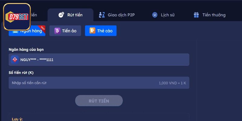 Hướng dẫn rút tiền D79bet về ngân hàng
